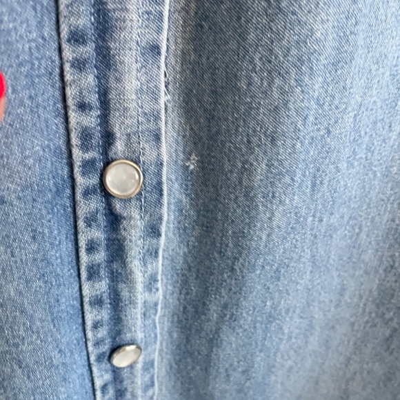 Vintage Mini Shirt Dress Snap down Denim Jean Light wash Embroidery Western XL - Picture 9 of 15
